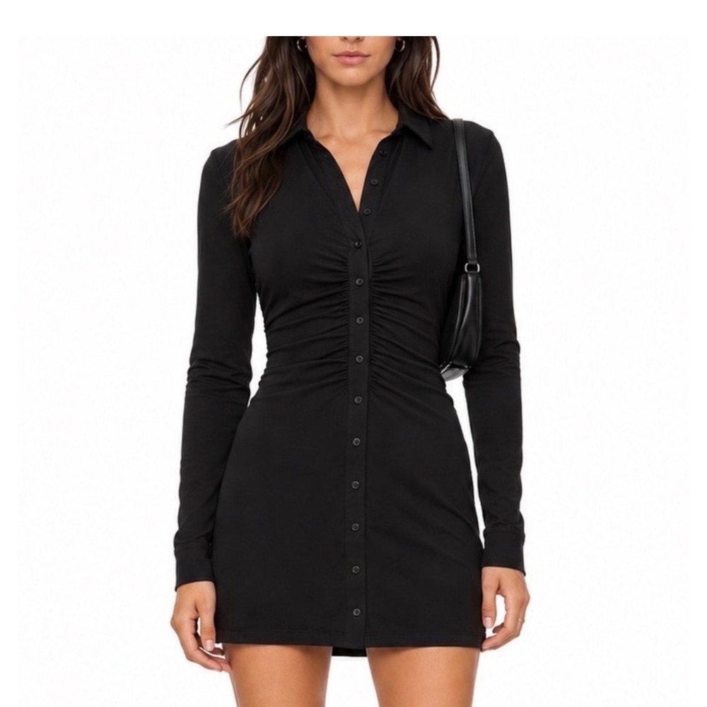 With Jean Black Ruched Button Down Long Sleeve Top XXS